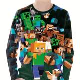 Boy's Pixel Character Print Cute T-shirt Clothing Casual Round Neck Long Sleeve Comfy Outdoors Outfit For Kids
