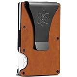 ROSSM herrplånbok med RFID-skydd – kortfodral män av kolfiber och metall med sedelklämma och gummiband – RFID-plånbok män – smal plånbok för män, Brunt läder, Money Clip, Money Clip