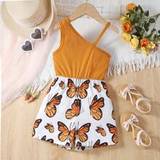 SHEIN Young Girl's Casual And Vacation Butterfly Element Printed Jumpsuit With One-Shoulder Strap, Summer