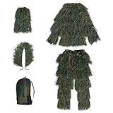 HAZARA 5-i-1 Ghillie Suit 3D-kamouflage jaktkläder Ghillie Suit Material inklusive jacka, byxor, huva, bärväska Ghille kostym för paintball, halloweenkostym, skogsgröna vuxna