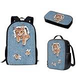 Pzuqiu 3 st ryggsäcksset barn skolväska med lunchväska och pennlåda grundskoleelementära studentbokväskor för camping, denim katt