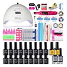 Gellack, set för nybörjare, UV LED-lampa, nageltork, nagelkvarn, borr, manikyrset, naglar, startkit för flickor/damer/kvinnor (54 W 18 färger)