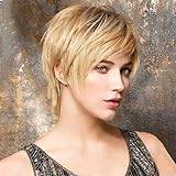 PHOCAS Kort brun Pixie Cut peruk för kvinnor med Bangs snygga skiktade naturliga raka syntetiska korta hårperuker (ljust gyllene blont hår)