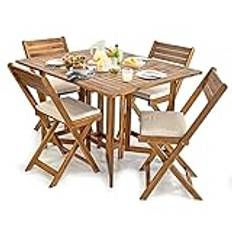 Estosa - Set bord + akacia trästolar, hopfällbar och bärbar uppsättning, lätt att stänga för transport och för användning i trädgården, trädgårdsarbete, camping (Acacia, Victoria 4 stolar)