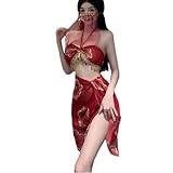 Temptshow Dam spets lotusblad gasväv klänning cosplay klänning japansk geisha dansare tryckt halloween cheongsam underkläder (röd 1)
