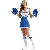 Cheerleader Damer kvinnor sport gymnasiet cheer flicka uniform fin klänning kostym outfit med pompoms (blå, L)