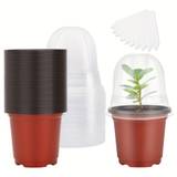 20/30/40pcs/set Plant Nursery Pots With Humidity Dome 4" Soft Transparent Plastic Gardening Pot Planting Containers Cups Planter Small Starter Seed Starting Trays For Seedling With 10pcs Plant Labels