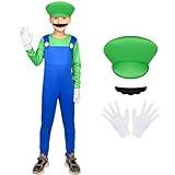 AOOWU Luigi Barn, Mario och Luigi cosplay-kostym, Super Luigi-kostym med mössa, skägg och handskar, Mario och Luigi-kostym för barn, för karneval, halloween, cosplay, 3354686