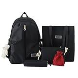 UIFLQXX Ryggsäck för kvinnor skolväska set 5 delar, ryggsäck + tygväska + handväska + pennfodral + muslinväska, resväska laptopväska ryggsäck för skola arbetsväskor för kvinnor med björn hänge, Svart,