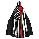 WURTON Röd linje brandman USA flagga karneval mantel med huva för vuxna, häxa och vampyr cosplay kostym mantel, lämplig för karnevalfester, 190 cm