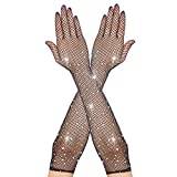 Kvinnor svarta långa fisknätshandskar med strass glittrande glitter mode opera handskar för 80-talet kostym kväll fest, halloween cosplay tillbehör, Svart, M