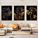 3pcs Unframed Canvas Poster, Modern Art, Black And Gold Rose Canvas Painting, Flora Posters And Prints, Ideal Gift For Bedroom Living Room Corridor, Wall Art, Wall Decor, Winter Decor, Room Decoration