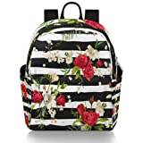 Roslilja blomma svart rand miniryggsäck för kvinnor flickor tonåringar, liten mode ryggsäck handväska resa vardaglig lätt dagväska, Rose Lily Flower Black Stripe, 8.26(L) X 4.72(W) X 9.84(H) inch, Ryggsäckar för dagsutflykt