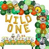 JOYMEMO Wild One festtillbehör 1:a födelsedagen dekorationer pojke djungel ballong girlang kit med löv djur bordsduk safari första dagen dekorationer