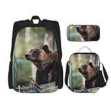 Grizzly björntryck ryggsäck stor kapacitet reseryggsäck med lunchväska och pennfodral 3-i-1 för kvinnor män, svart, en storlek, dagväska ryggsäckar, Svart, En storlek, Ryggsäckar för dagsutflykt