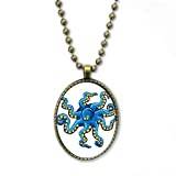 Luguoo Blå bläckfisk marint liv tecknat mönster halsband vintage kedja pärla hänge smycken samling