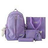 UIFLQXX Ryggsäck för kvinnor skolväska set 5 delar, ryggsäck + tygväska + handväska + pennfodral + muslinväska, resväska laptopväska ryggsäck för skola arbetsväskor för kvinnor med björn hänge, Lila,