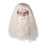 Falsk skäggperuk | FVCENT Lång Curly Mens Wizard Mustache Peruk Halloween kostym Cosplay Viking vita peruk glasögon och skägg (Vit)