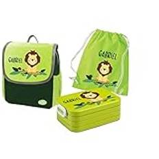 Min dvärgland set 4 dagisryggsäck med matlåda och gymnastikpåse Happy Knirps Next med namn grön