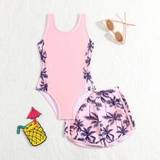 SHEIN Little Girls" Printed Swimsuit/One-Piece Swimwear/Loop Swimwear/2pcs Set