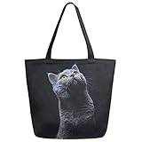 Shoppingväska 3D söt katt svart titta upp tryck strandväska idealisk tygväska återanvändbar tygkassar för resor skola arbete 40 x 50 cm, Canvas Tote Bag1452, 0