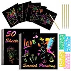 Vicloon Rainbow Scratch Art, 50 st Black Magic Scratch Art Notes Målarbrädor Konst och hantverk för barn med 4 schabloner 5 träpenna födelsedagspresenter Gör-det-själv-festpresent (8,5 * 8,5 cm)