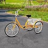 Adult tricycle 24 i tricycle 6 hastighets-tricycle med korg justerbar 3-hjuls cykel senior trehjuling vuxen trehjuling city cyklar med stänkskydd, 120 kg maximal belastning, slipning hjul ljus (gul)