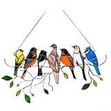 7 färger färgat glas vindowhängningar, dubbelsidig glaspanel prydnad med fåglar på grenar målat glas design fågelhänge