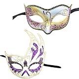 2 Venetiansk masker för karneval med glittrande glitter, venetiansk karneval halvansiktsmask kvinna i slitstarkt material fjäder, dansmask (lila venetiansk mask)