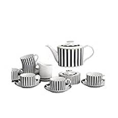 Bone China Coffee Cup Set med elegant svart och vitt vertikalt mönster - Innehåller 6 muggar, fat, sockerskål, gräddkanna - perfekt för eftermiddagste
