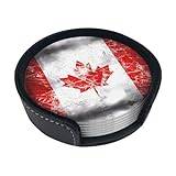 Retro Kanada flagga premium dryckesunderlägg med hållare, set med 6, tryckta runda underlägg för kaffeskrivbord, vardagsrum, cool heminredning