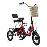 TESUGN Trehjuling för vuxna 14 tum, vikbar trehjuling premiumcykel med avtagbar främre och bakre förvaringskorgar, justerbar sitthöjd, 3-hjuls cykel citycykel trehjuling, röd
