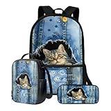 ZIATUBLES Skolväska set 3-pack ryggsäck lunchväska pennlåda lätt resväska bokväska för student ryggsäck dagväska, Denim textur katt 2, En storlek, Skolväska set