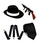 1920-talet män maskeradtillbehör, Mafia Gatsby Gangster kostym set med gangsterhatt, hängslen, slips och uppblåsbar tommy-pistol för bal cosplay evenemang gangsterfest, Svart, en storlek