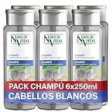 NaturVital 6-pack silverschampo, parabenfritt, naturligt, vitt och grått hår, platina grått hår, blå pigment, 6 x 250 ml