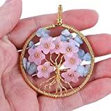Naturlig kristall sten plast blomma rund hängande halsband guld färg tråd wrap träd av liv hänge charm kvinnor smycken-Akvamarin