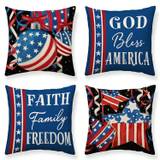 SHEIN Set Of 4 Memorial Day Decorative Pillow Covers, God Bless America, Stars And Stripes, Faith, Family, Freedom Cushion Cover, Patriotic Pillowcase For 4
