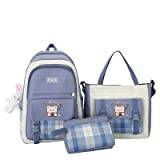 4 st Kawaii kanvas skolryggsäck med stift kanin hänge laptopväska tillbaka till skolan Off to College Supplies, BLÅ, Large