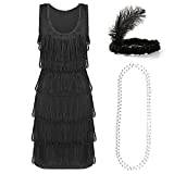 Svart Deluxe Flapper-klänning – XX-Large – Deluxe svart klaffdräkt för damer med matchande paljetthuvud och silverpärlhalsband – 1920-tals festklänning