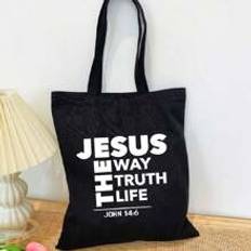 "Jeasus The Way Truth Life" Print Minimalist Lightweight,Portable,Classic,Casual Fashion Solid Color Tote Bag Black Shopping Original Unisex Travel Ba