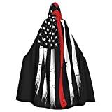 Röd linje brandman USA flagga vuxen män kostym kappa 150 cm, häxa halloween mantel, huva cape cosplay kostym unisex rock