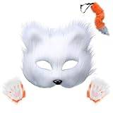 Asudaro Plyschrävsvans, konstgjord räv, ansiktsskydd, fingerlösa handskar, katttass, 3 delar, cosplay-set, för gotisk fest, påsk, fotografi, Orange vit + vit + orange vit, one size
