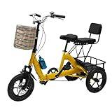 14 tums trehjuling för vuxna, 3-hjulig hopfällbar trehjuling premiumcykel med avtagbara främre och bakre förvaringskorgar för utomhusresor för tonåringar, vuxna, äldre