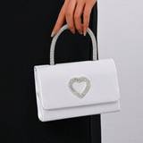 SHEIN Elegant Ladies" Heart-Shaped Rhinestone Decor Evening Clutch Bag Romantic White Wedding Party Handbag With Flap Satin Formal Dress Chain Shoulder Bag