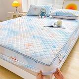 Double Fitted Sheet,Children'S Room Quilted Printed Fitted Sheet Protector, Thick Anti-Slip Brushed Deep Pocket Bed Cover,blue,180 * 200cm +30cm (3pcs)