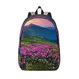 MOLIAE Cry Rabbit Pinrt kanvas ryggsäck för män kvinnor, laptop ryggsäck, hållbar ryggsäck, student resor utomhus ryggsäck, Natur lila blommor äng berg naturskön, Small