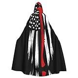 Bxzpzplj Röd linje brandman USA flagga tryck karneval huva cape för vuxna, häxa vampyr cosplay kostym mantel, lämpliga fester