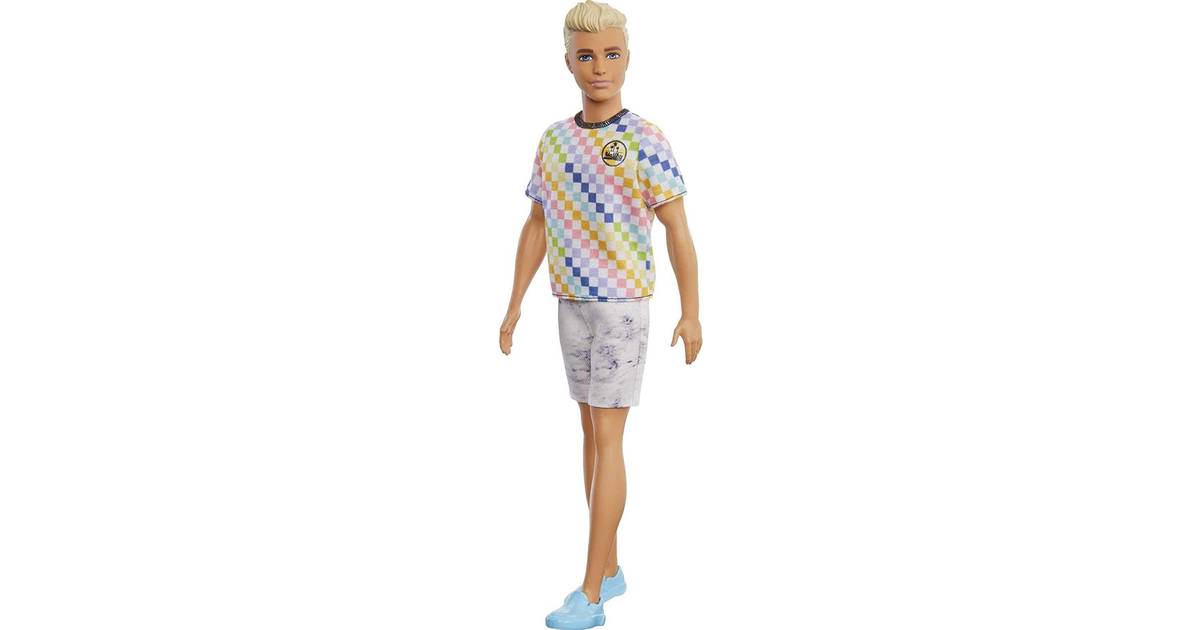Barbie Ken Fashionistas Doll #174 with Sculpted Blonde Hair Wearing a Surf-Inspired Checkered Shirt Toy for Kids 3 to 8 Years Old Stone Wash Denim Shorts & White Slip-on Deck Shoes 