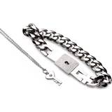 Herr Smyckesset XR Brands Chained Locking Bracelet and Key Necklace Couples Set - Silver/Transparent