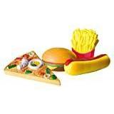 Roba 98146 Squishies set med 4 "Fast Food" pizza, varmkorg, flisor, hamburgare, anti-stress leksak, butik och kökstillbehör, flerfärgad